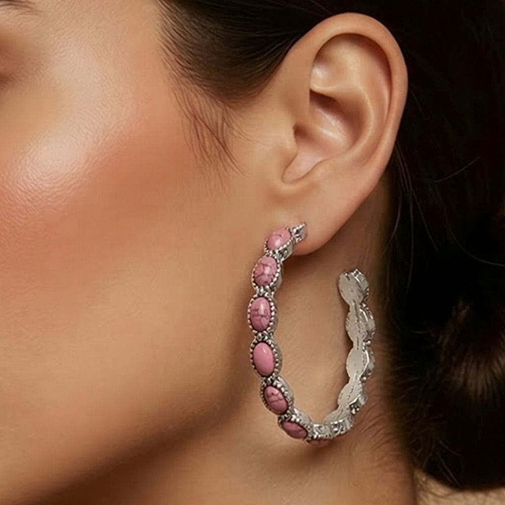 Pink Turquoise Hoop Earrings Western Cowgirl Boho Statement Jewelry Festival